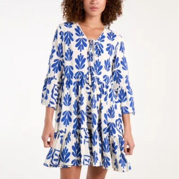 Japna Boho Bohemian Empire Waist V-Neck White & Blue Mini Dress, S - Picture 2 of 7